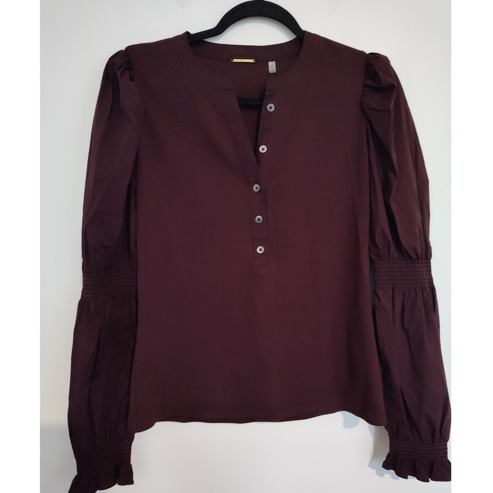 Elie Tahari Cabernet Ribbed Henley Puff Sleeve Blouse ETR34207 Burgundy NWT M